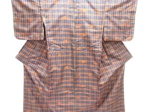 未使用品　格子に絣柄織り出し米沢紬着物アンサンブル